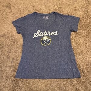 Buffalo Sabres Shirt Womens Large Blue Short Sleeve V Neck NHL Spellout Logo